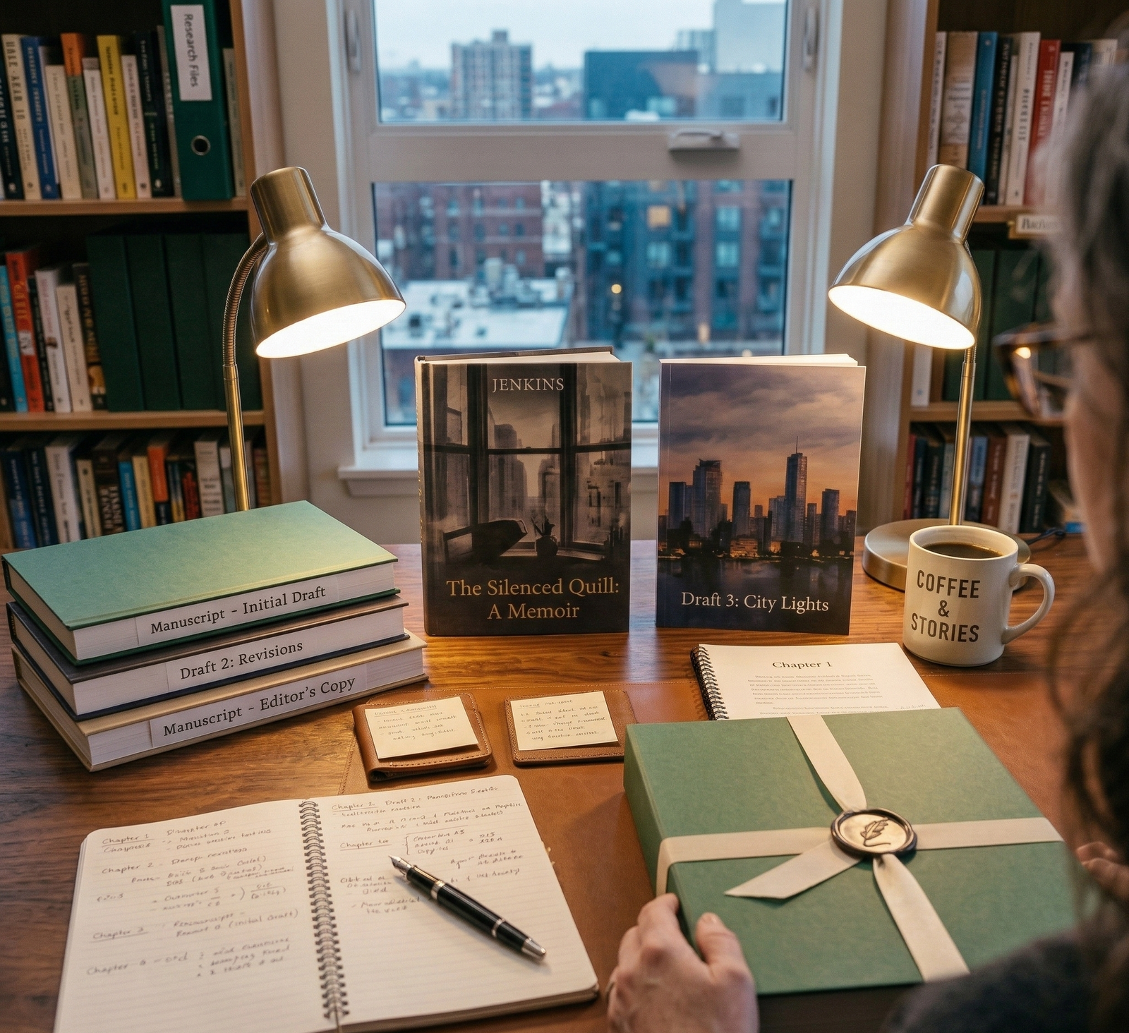 Author reviewing completed manuscript at a desk with bookshelves