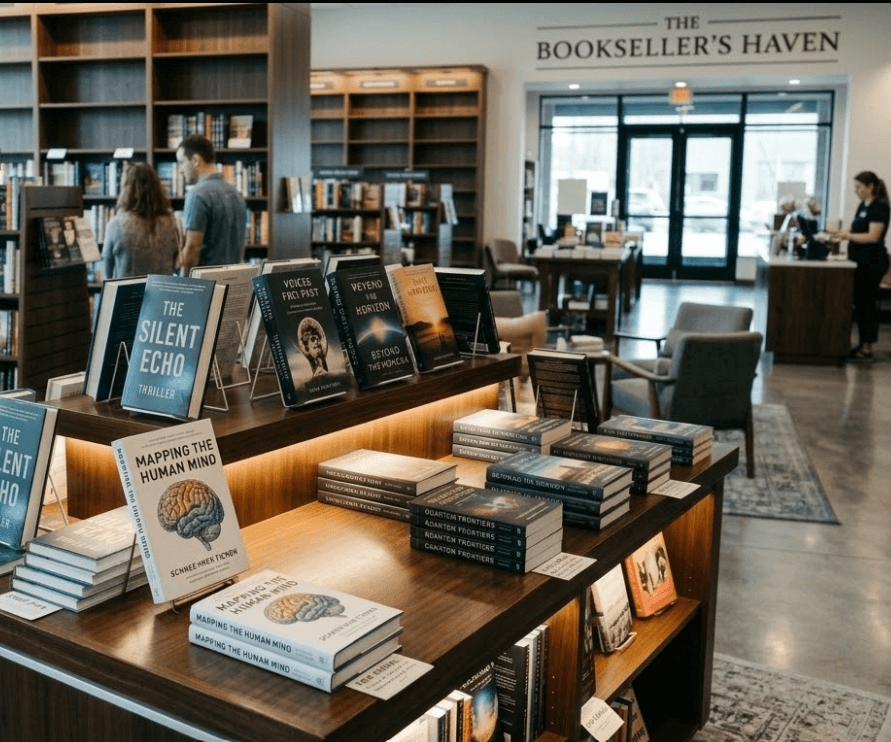Published books displayed in a professional bookstore setting