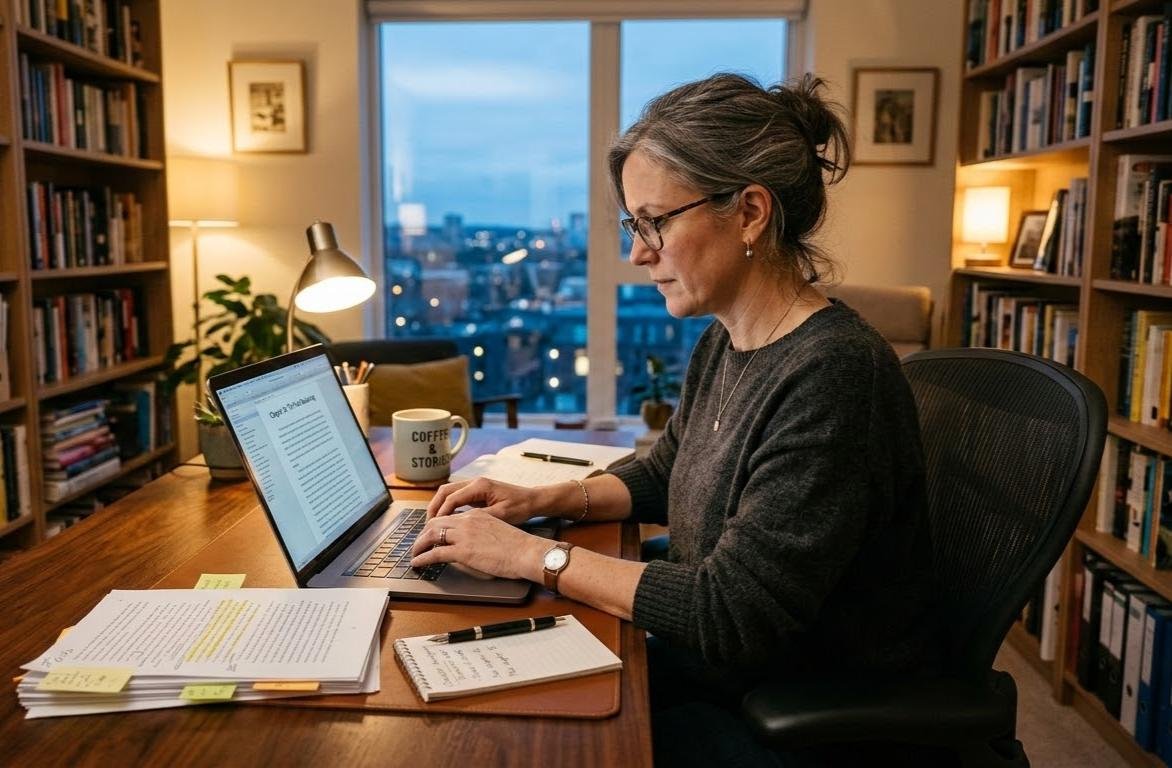 Professional ghostwriter working on a manuscript at a desk